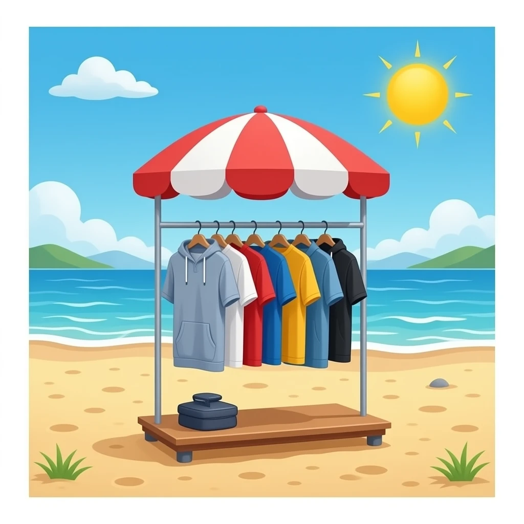 Stand Pop up avec vêtements de la marque « Hoods" sur la plage emoji