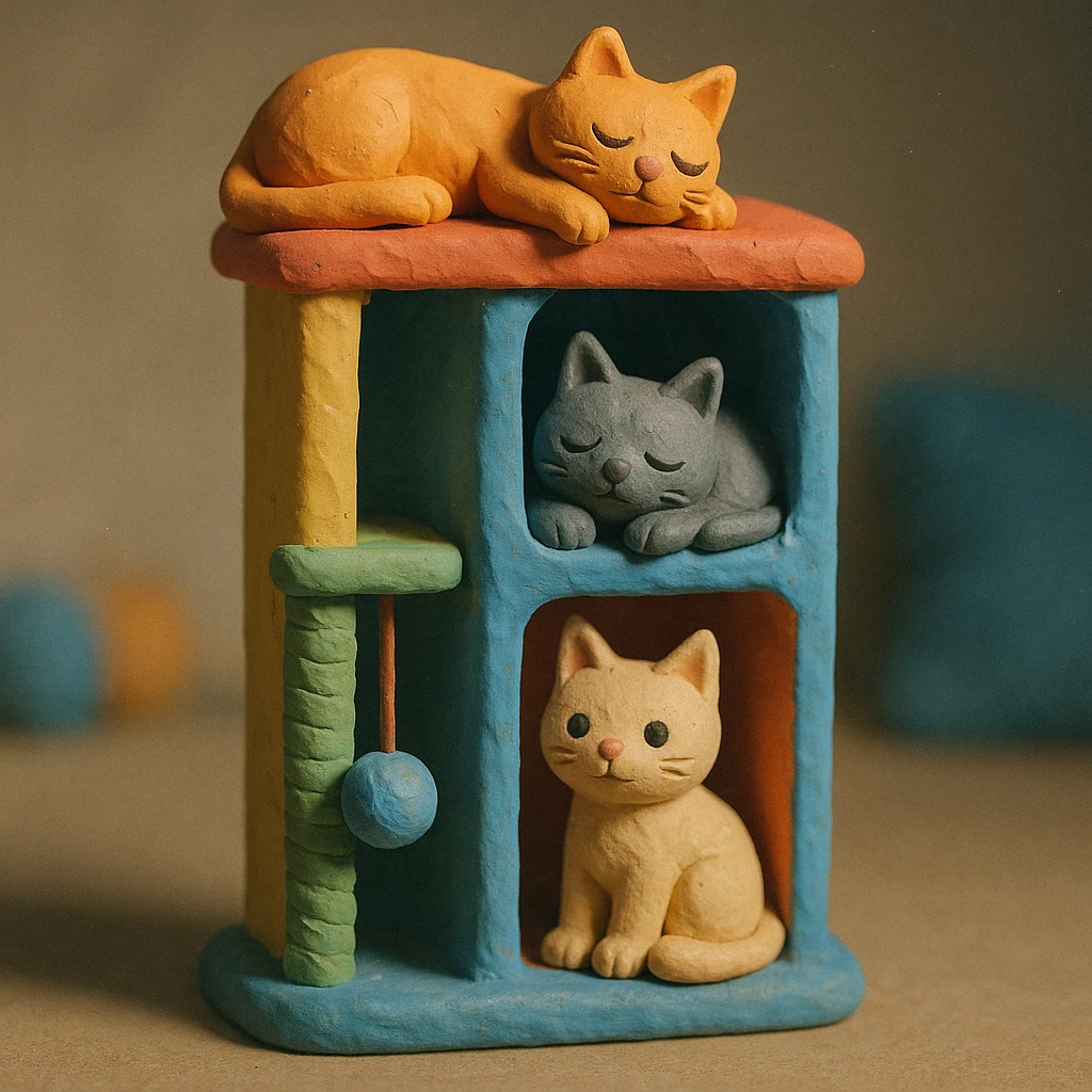 cats relaxing in a vertical playhouse emoji