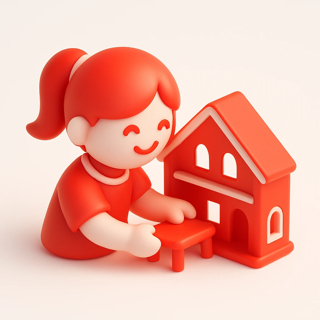smiling girl arranging furniture in doll house emoji