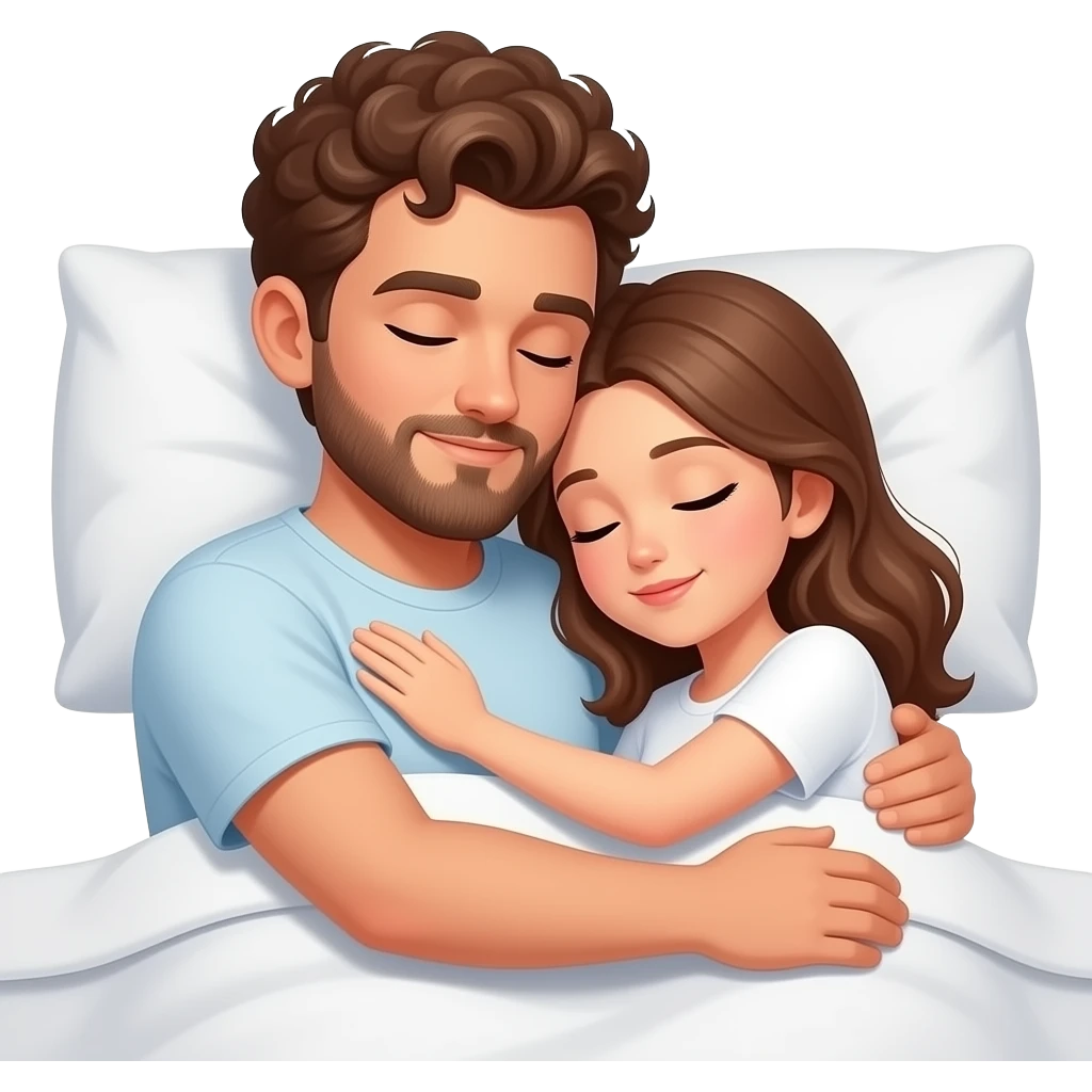 Realistic white man brown super short curly hair with beard hugging while sleeping in bed with realistic white girl brown hair emoji