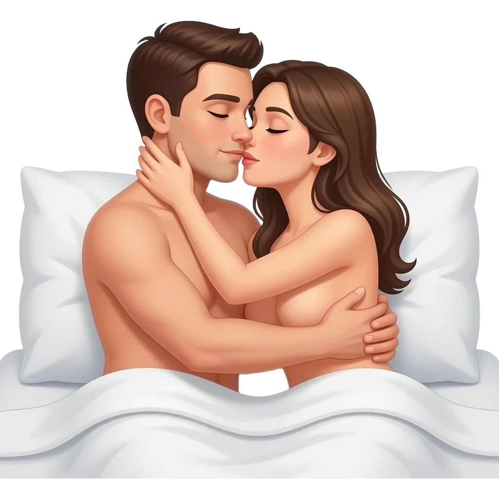Мъж и жена правят секс чисто голи на легло обарвайки се emoji
