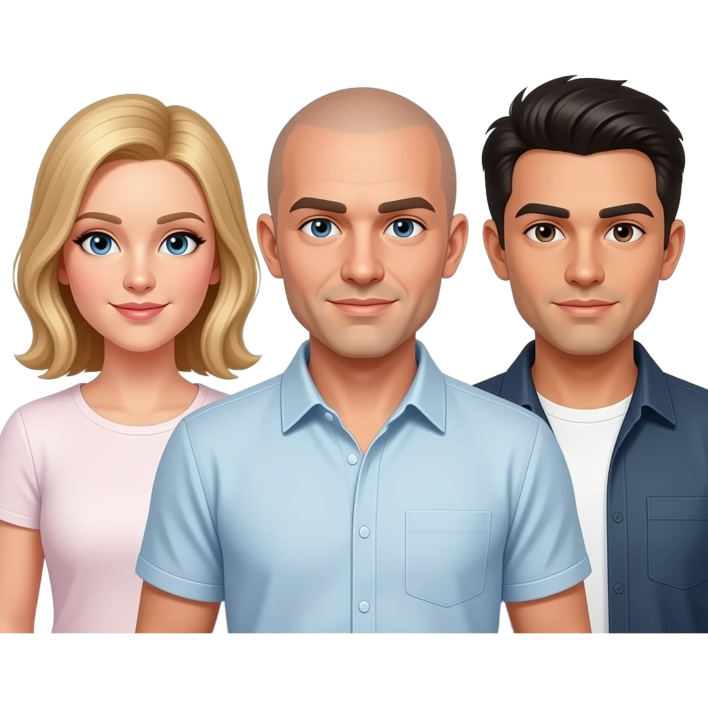 Blonde female, bald male, and black hair male emoji