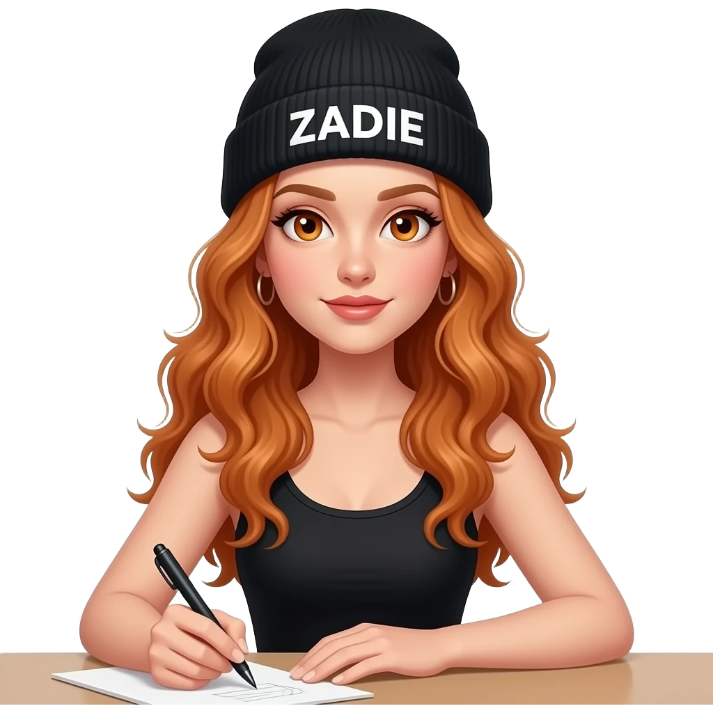 sexy girl with overlong wavy ginger hair and ginger eyes wearing a black tanktop and a black beanie with ZADIE written on it,  is writing on a desktop emoji