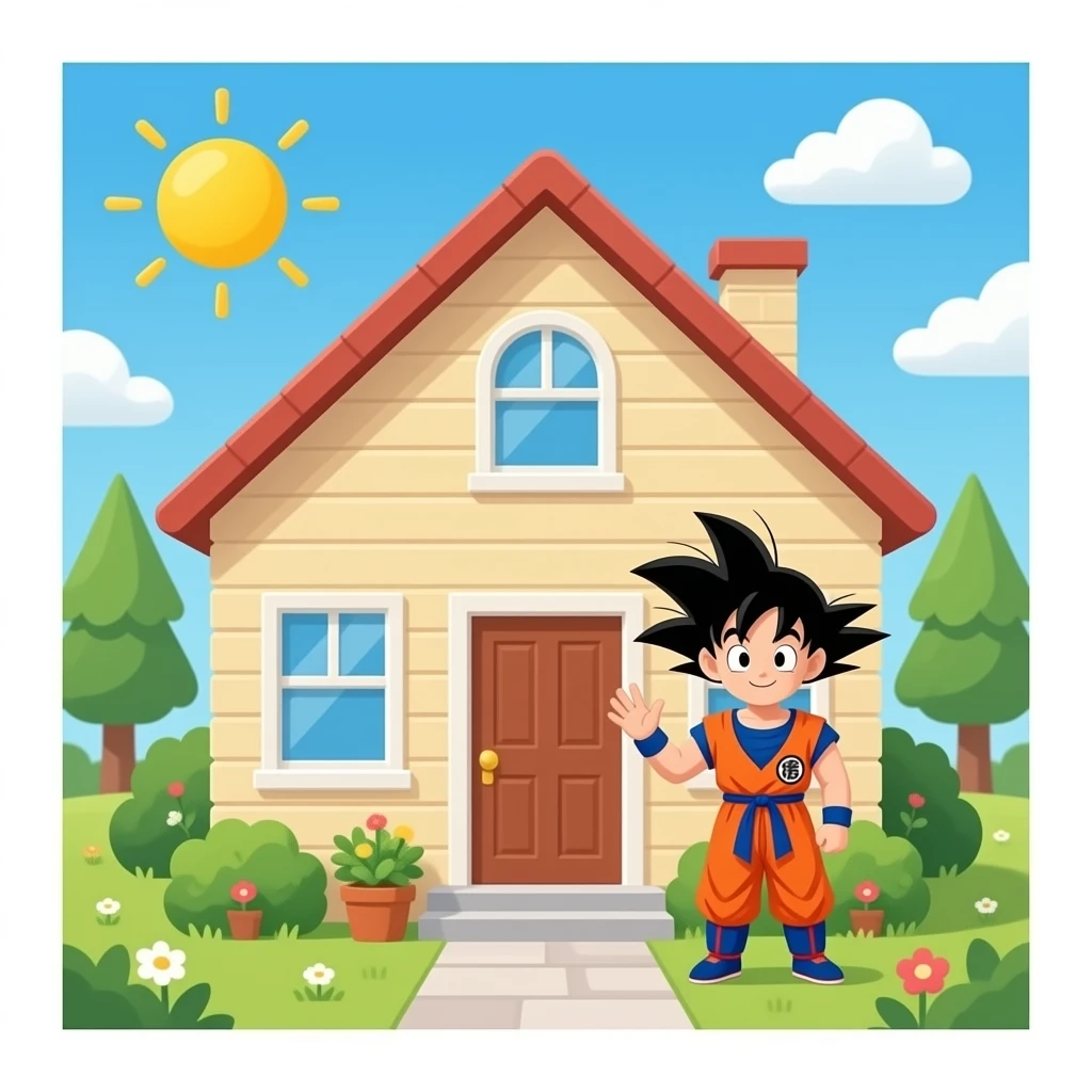 la casa de goku  con gku afuera al fretne saludando emoji