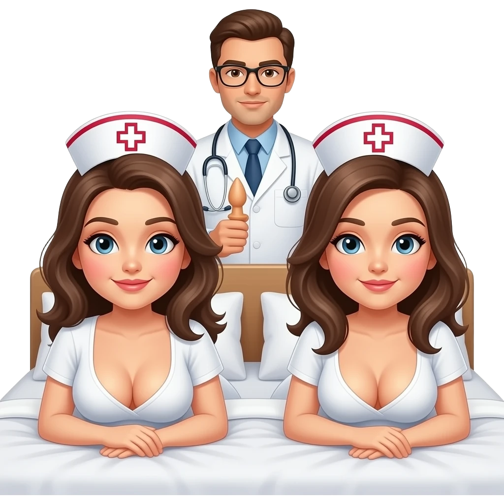 2 completely nude nurses, with very large breast,laying doggy style on a bed, a male doctor standing behind them with a dildo emoji
