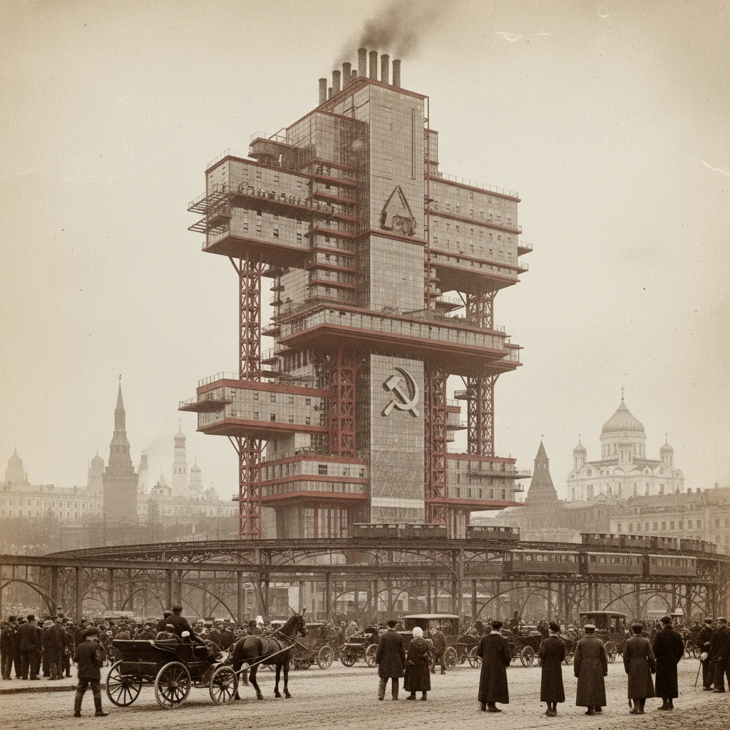 Конструктивистский футуристичный дом-коммуна на фоне Москвы 1920 года

Стиль - архивные снимки emoji