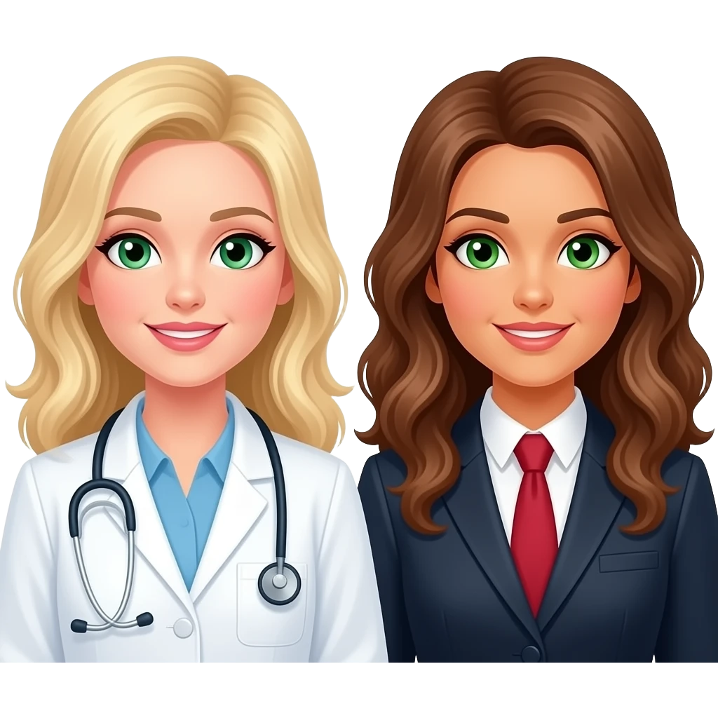 Green eyed: Doctor blonde woman and lawyer brunette long curly white woman lawyer emoji