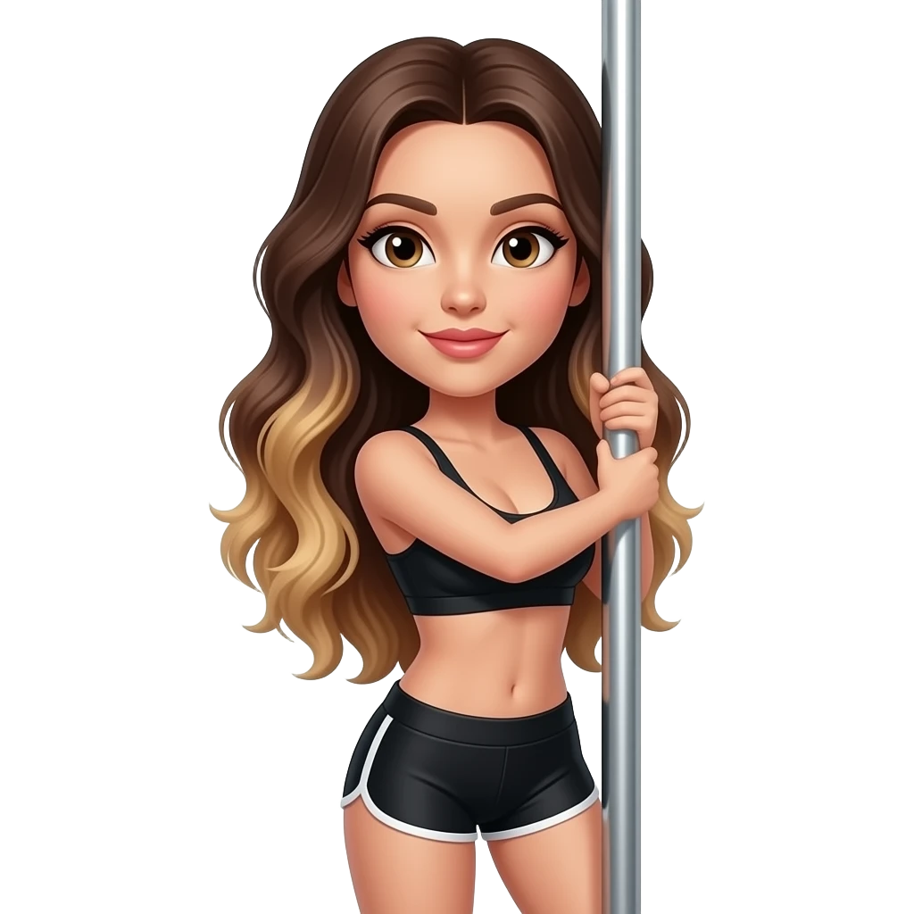 Brunette balayage in black workout shorts and bra pole dancing emoji
