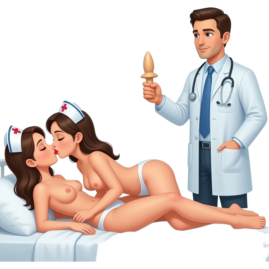 2 completely naked, wearing no clothes, nurses, in a missionary position on bed, kissing, facing a naked doctor with a dildo in his hand emoji