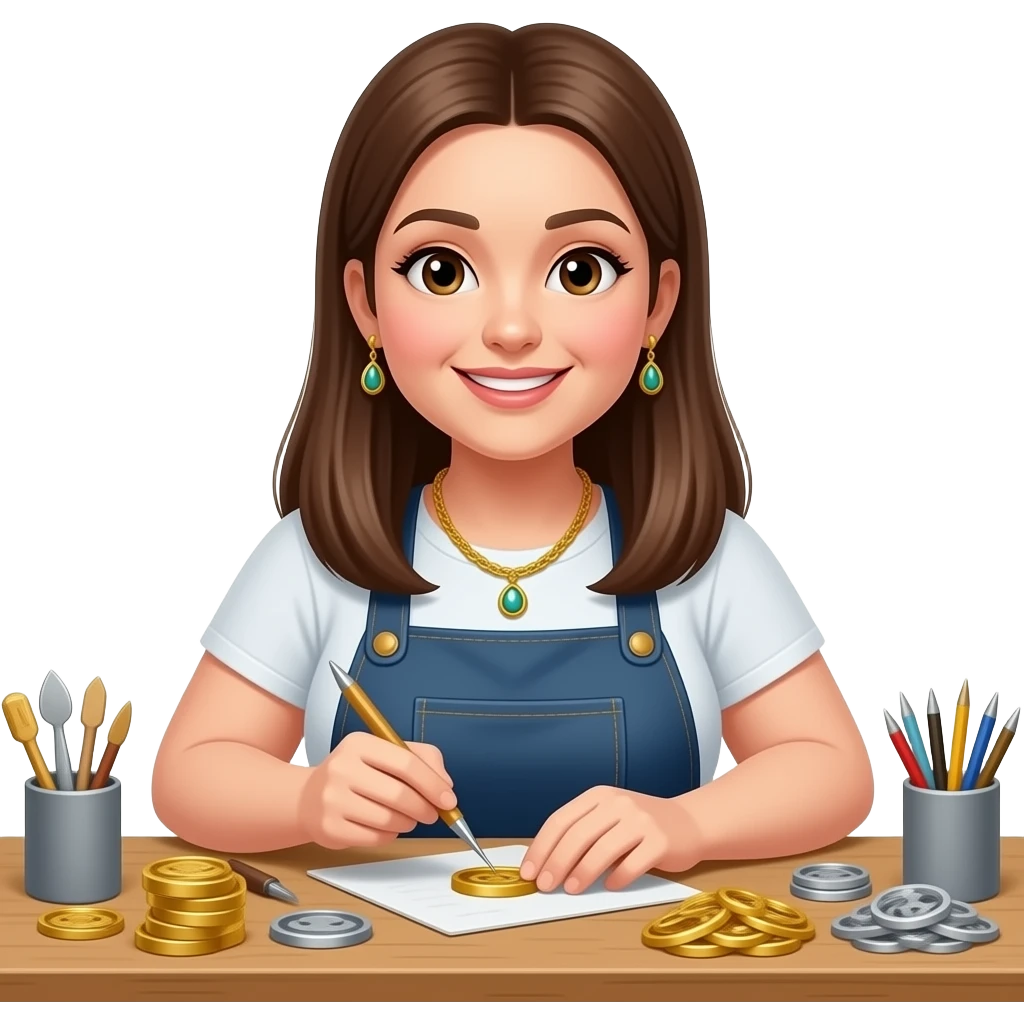 A woman in her 20s with long, straight brown hair; she is slightly overweight, has a cheerful disposition, and is a jewelry maker who works with gold and silver emoji