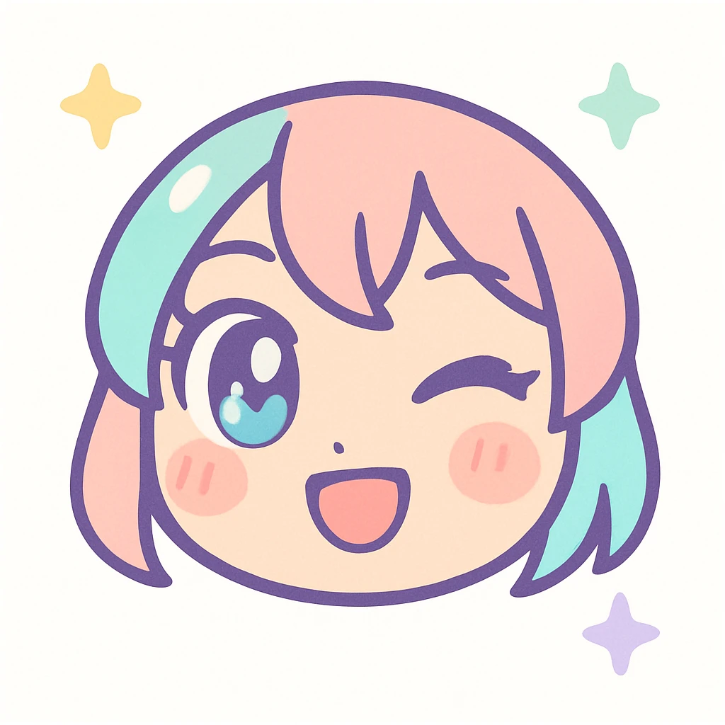 anime themed emoji, winking face, blushing cheeks, playful expression, pastel colors emoji