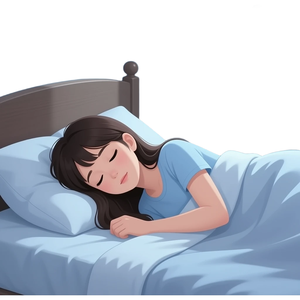 teen girl long hair, laying on bed, awake, background visble window visible, it is nighttime emoji