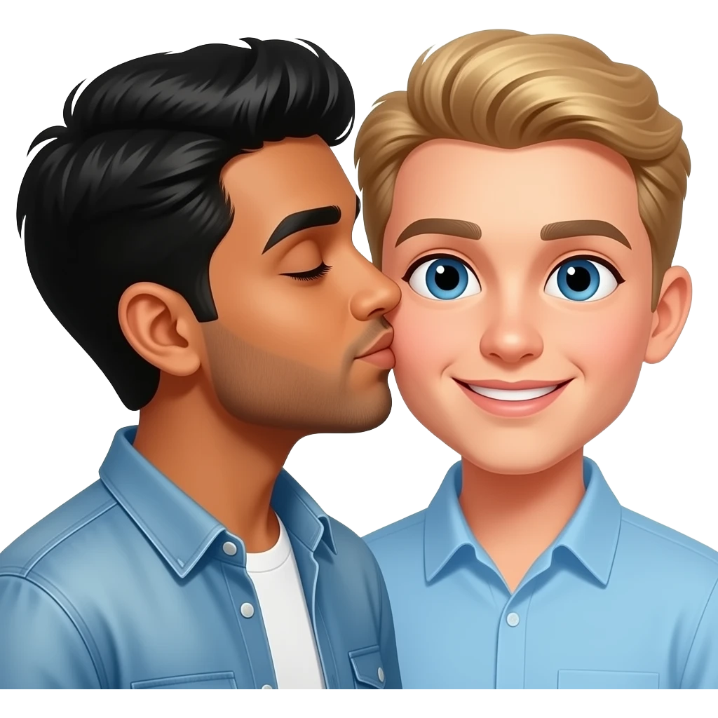 Indian dark hair young man kisses German blond man emoji