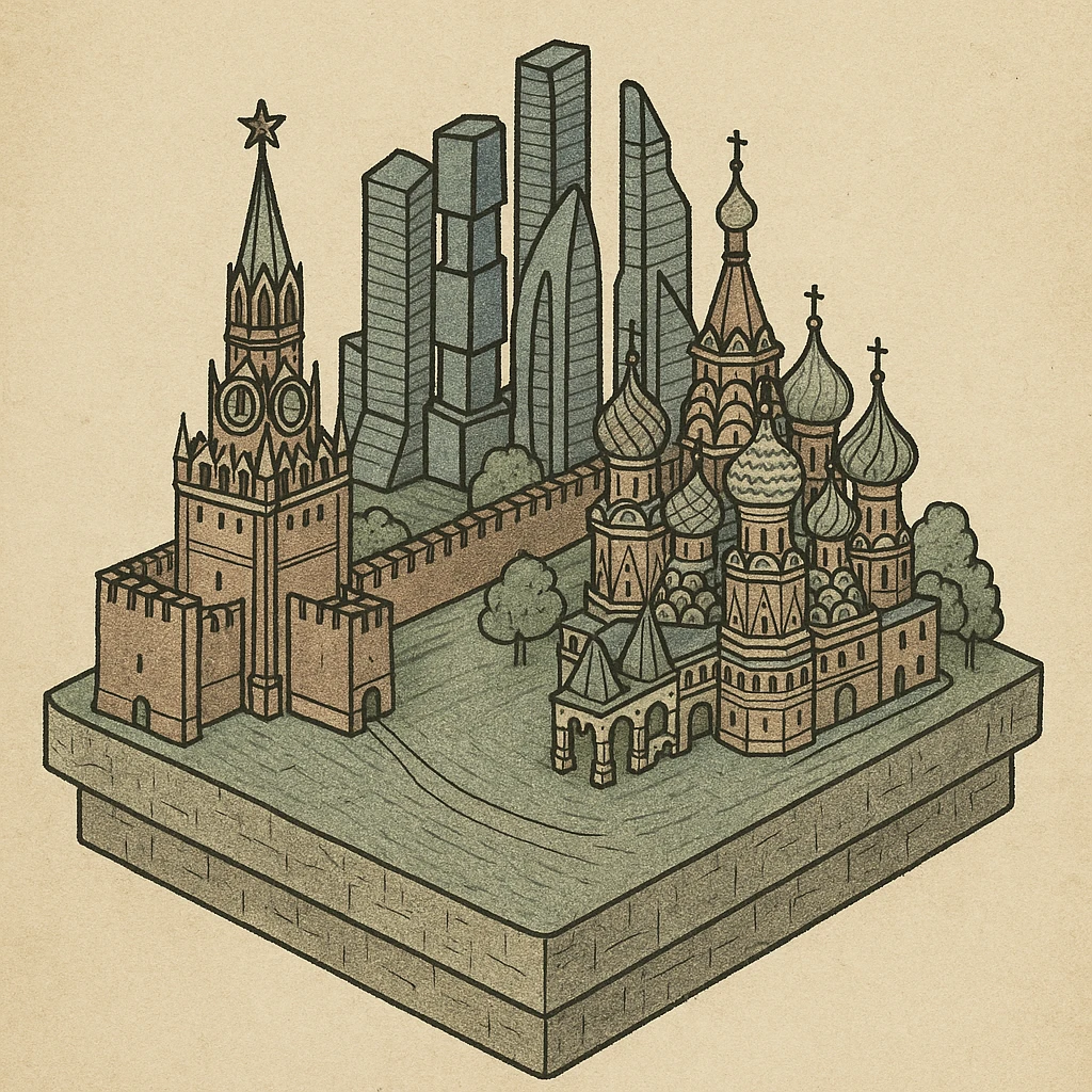 Изометричная миниатюрная 3D модель Москвы на подставке - фотореалистичный Кремль, собор Василия Блаженного, Башни Москва-Сити, аккуратная детализация, яркие цвета мультяшный реализм, компактная композиция,  вид сверху в изометрии emoji