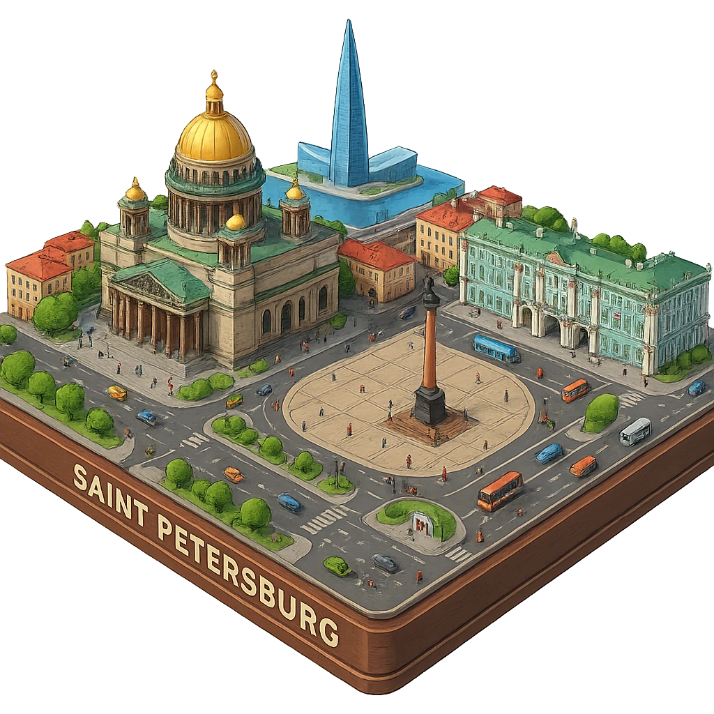 Изометричная миниатюрная фотореалистичная 3D модель Санкт-Петербурга на подставке - Исаакиевский собор, Дворцовая площадь, Зимний дворец и другая центральная часть города, Лахта-центр, четкая детализация, яркие цвета, мультяшный реализм, люди, автотранспорт и метро, компактная композиция, вид сверху в изометрии, прозрачный фон emoji