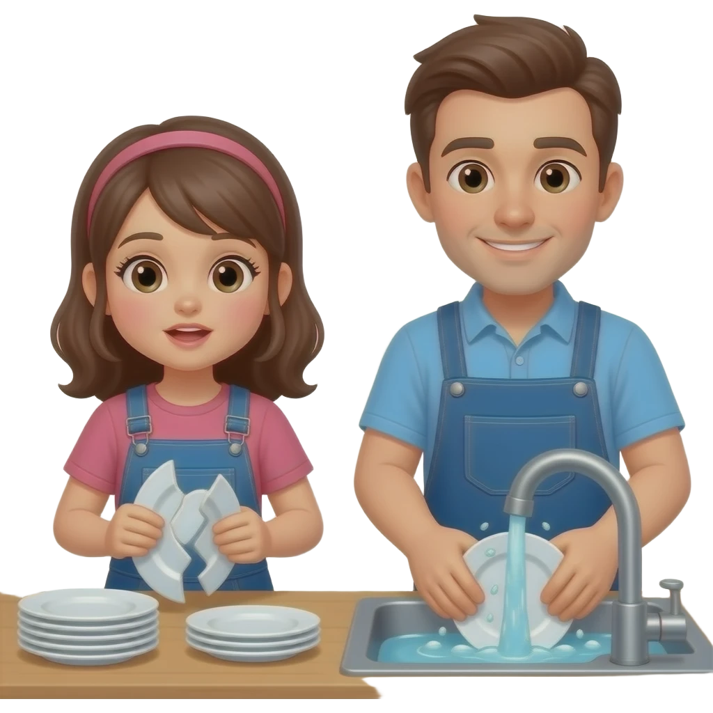 a girl breaking dishes next to a guy who is washing dishes emoji
