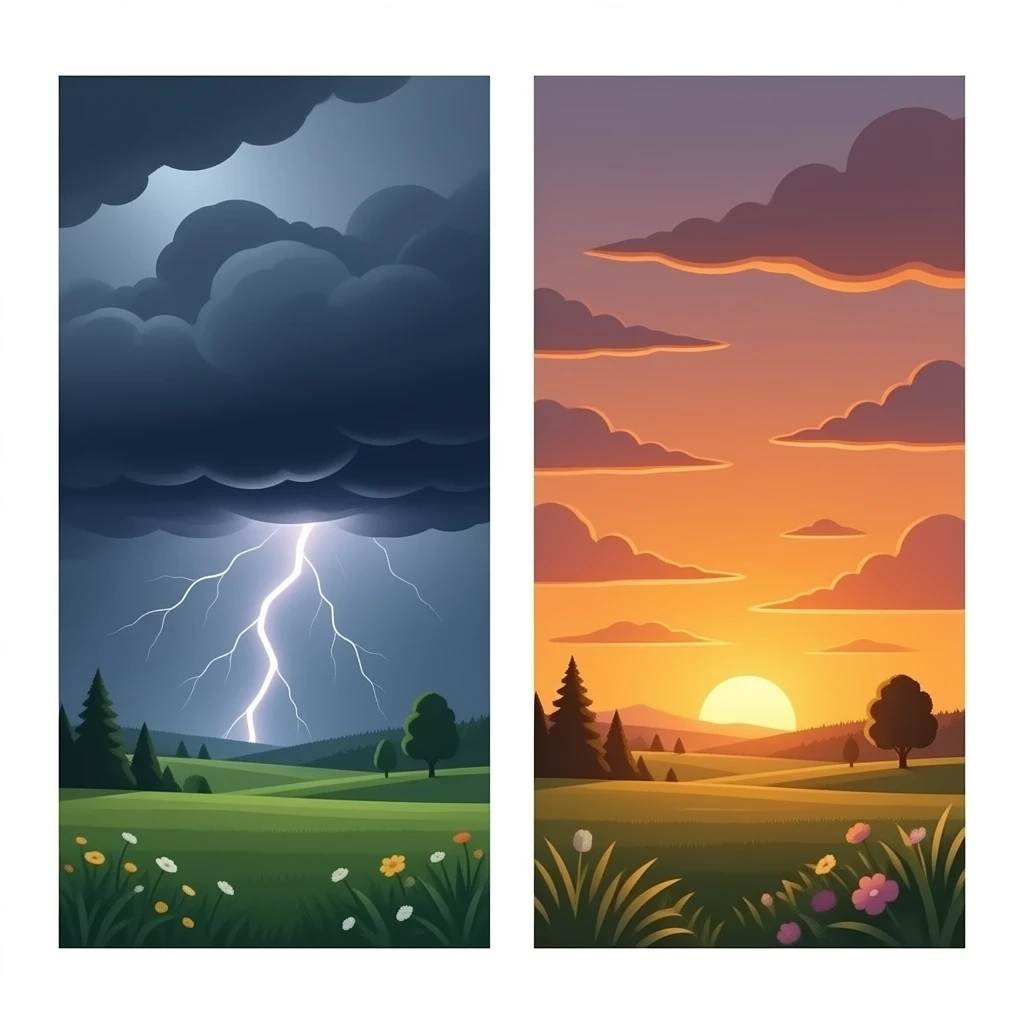 Thunderstorm on left sunset on the right same place combined the two left and right emoji