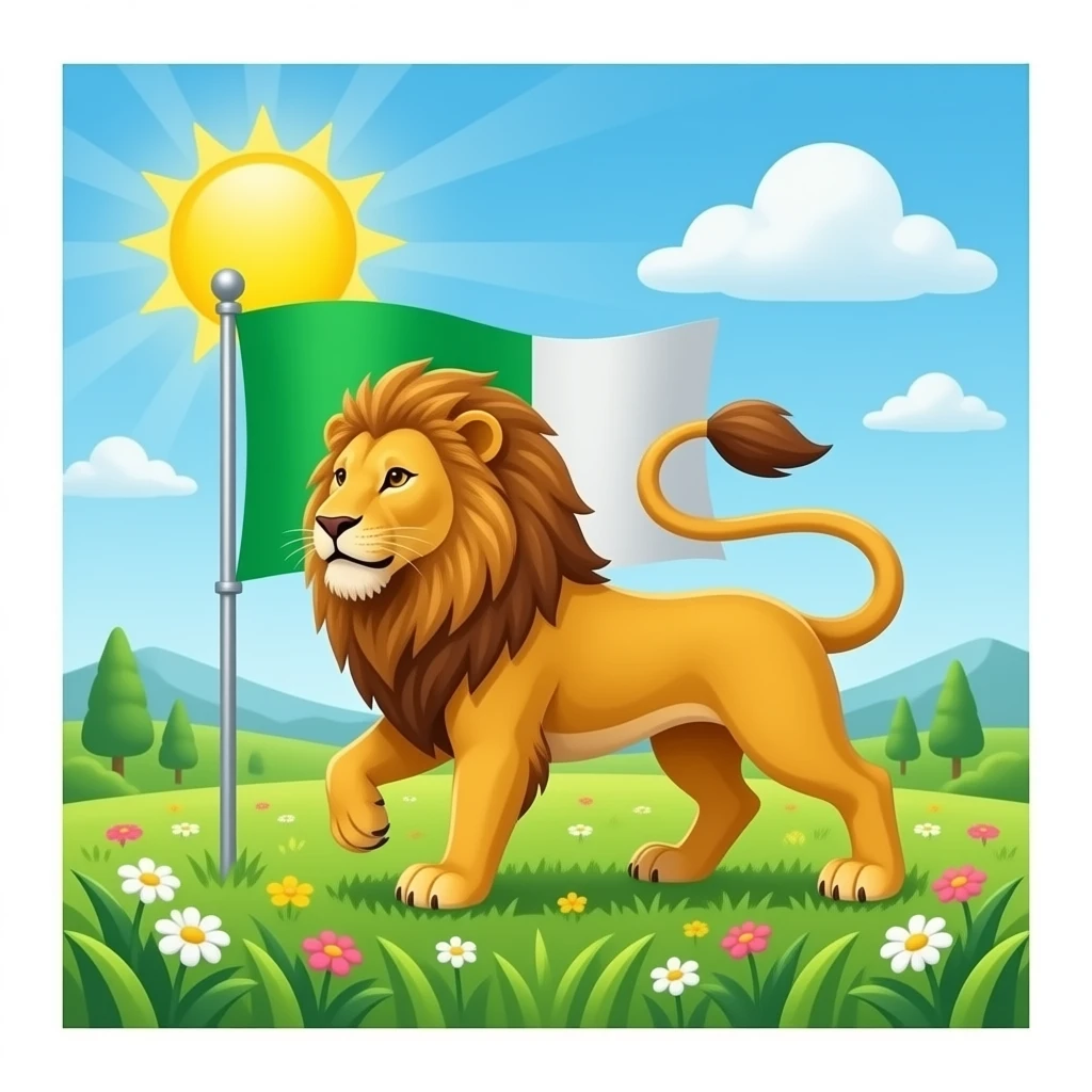 پرچم سه رنگ سبز و سفید و قرمز به اضافه شیر شممشیر به دشت و خورشید emoji