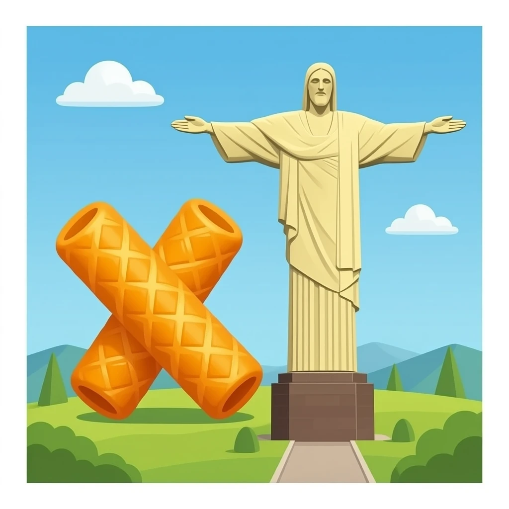 "orange colored Cheeto puff -without cross hatching, placed next to Christ the Redeemer statue with outstretched arms, who is tinted light yellow" emoji