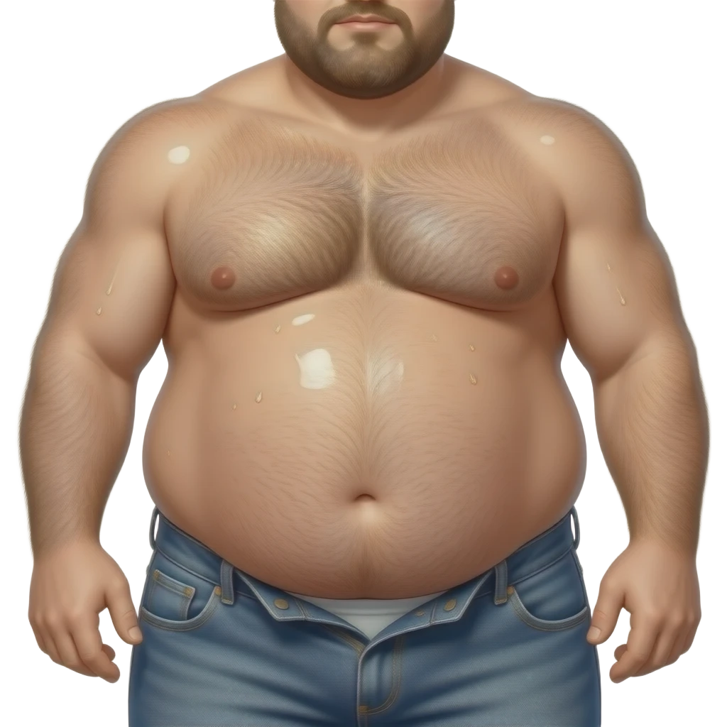 Nahaufnahme eines dicken fetten behaarten Mannes der nur eine offene Jeans trägt. Seine Haut ist ölig glänzen und sein dicker Bauch hängt ihm über die offen Jeans raus emoji
