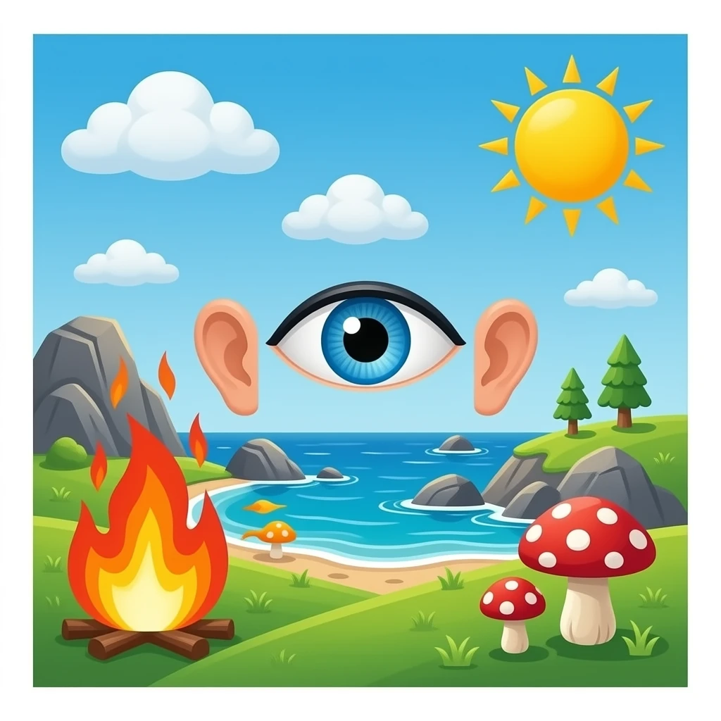 آتش و خاک و باد و قارچ و خورشید و چشم سوم و گوش ها وسواحل دریا و صخره ها و سفید و سرخ emoji