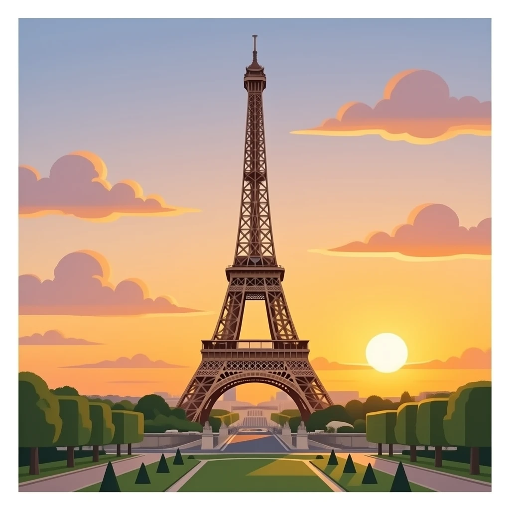 Torre eiffel atardecer con 3/4 de vista y detallado emoji