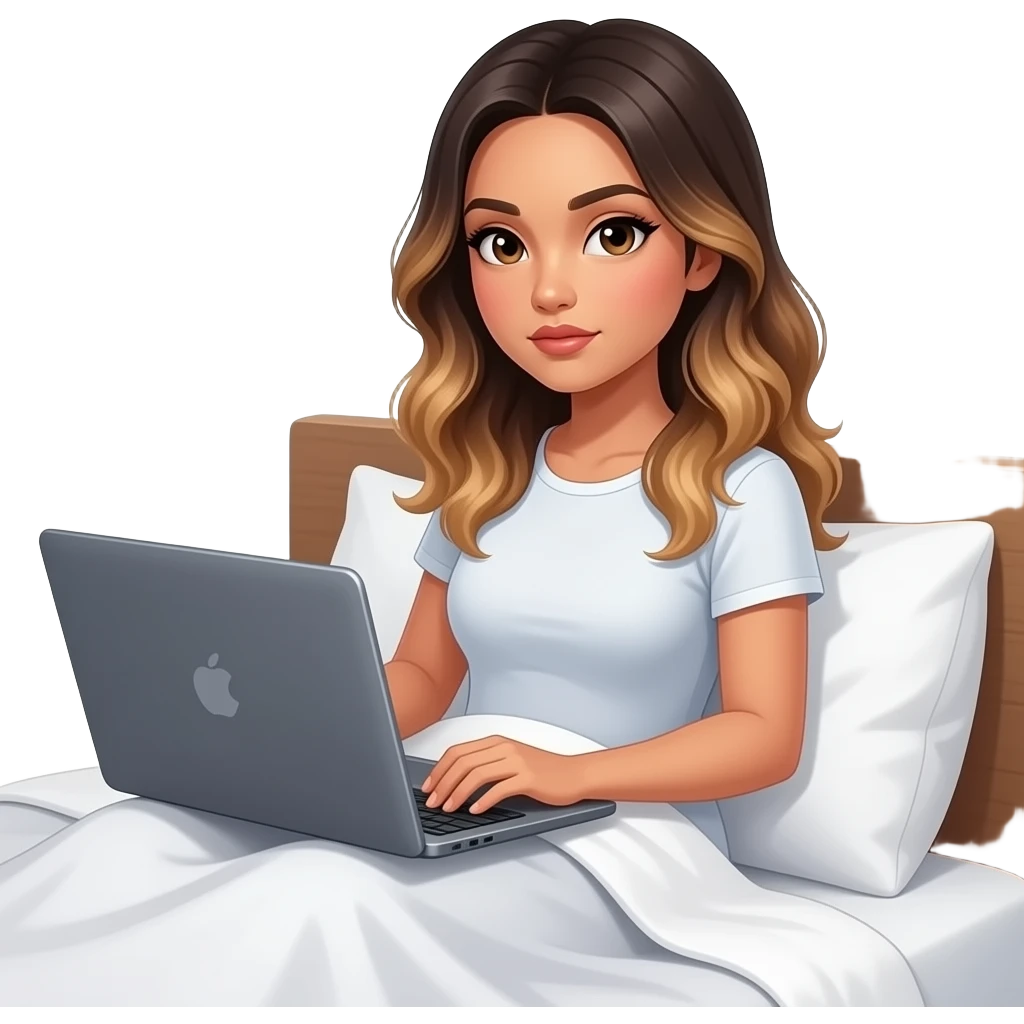 beautiful-filipino-woman-beautiful-eyes-with-long-wavy-hair-balayage--sitting on bed-with laptop before bed-side view-serious emoji