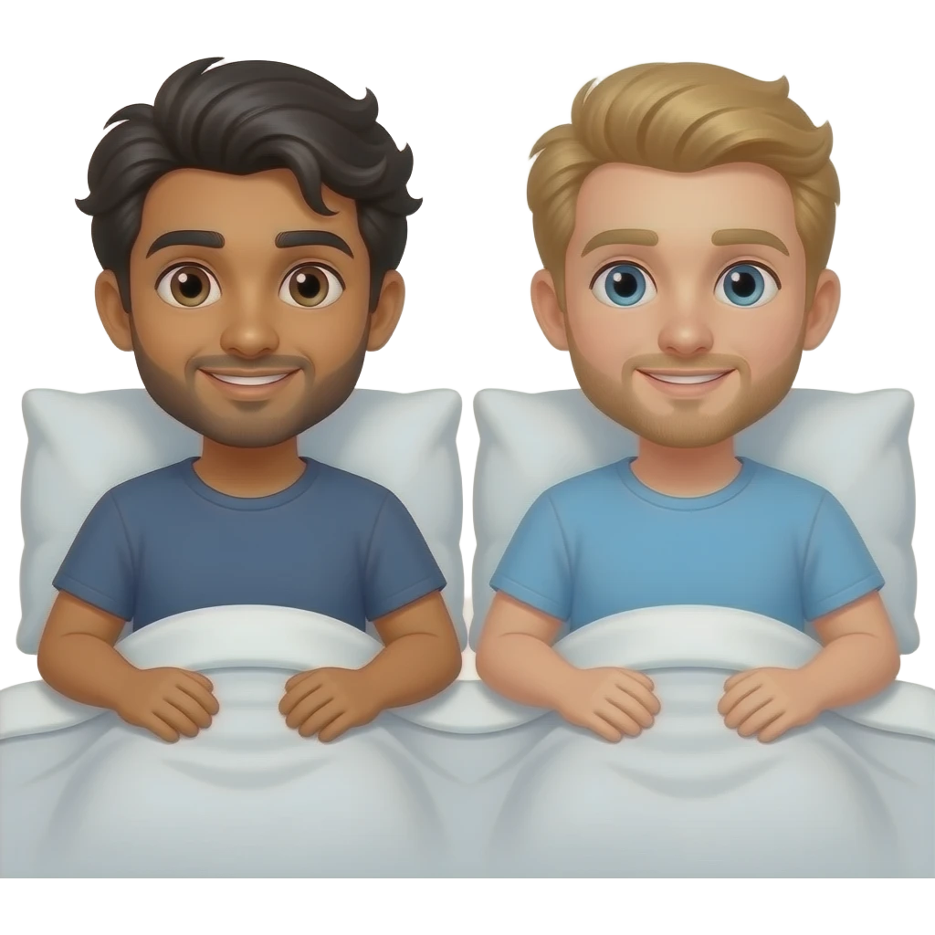 Indian dark hear young man in bed with German blond hair man emoji