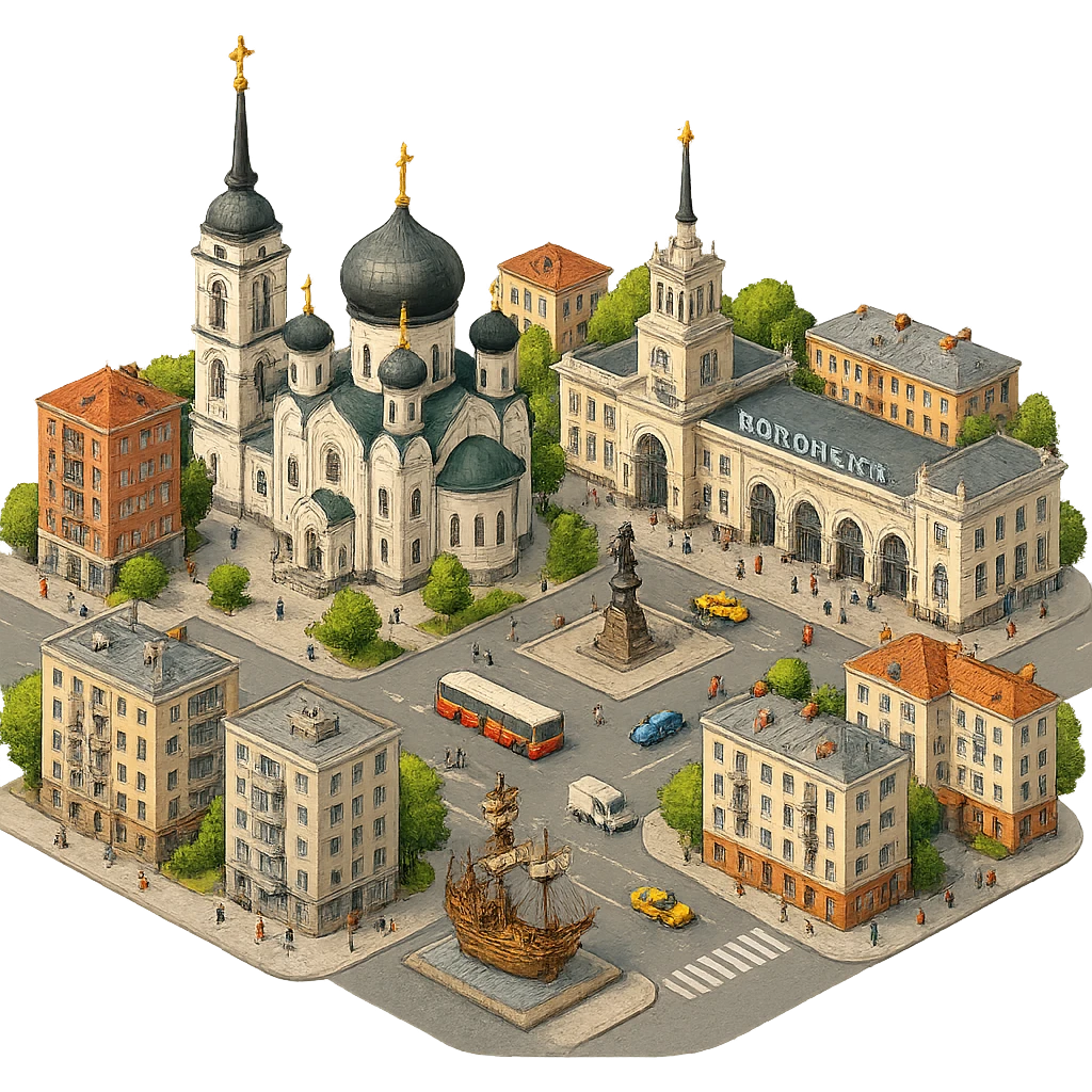 Изометричная чёткая миниатюрная фотореалистичная 3D модель панорамы Воронежа — Благовещенский кафедральный собор Воронежа, Вокзал Воронеж 1, Гото Предестинация, люди, несколько типичных воронежских домов, автотранспорт. Вид сверху в изометрии, яркие цвета, мультяшная рисованная реалистичность, прозрачный фон, компактная композиция, не обрезать края зданий. emoji