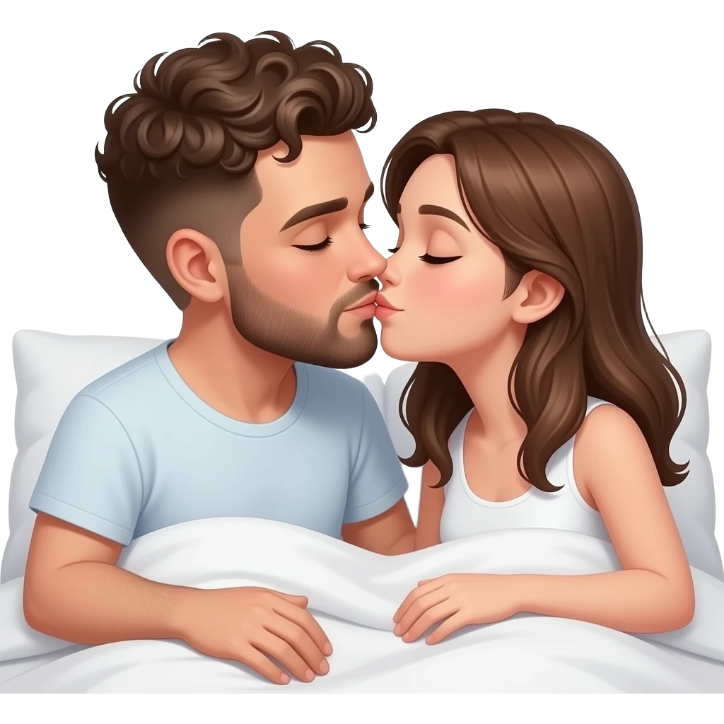Realistic white man brown super short curly hair with beard kissing in bed realistic white girl brown hair emoji