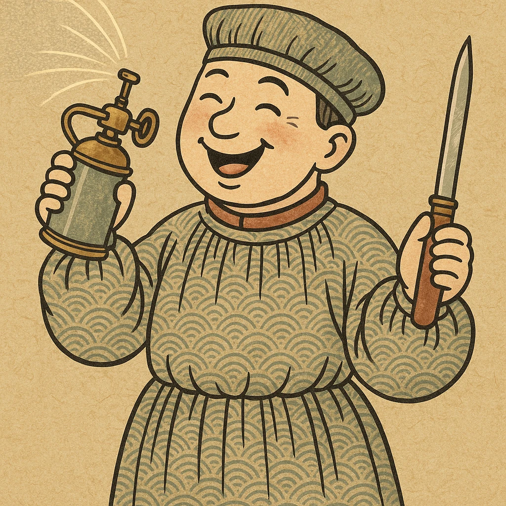 A happy victorian surgeon wearing a gown holding a carbolic spray in one hand and a surgeons knife in the other emoji