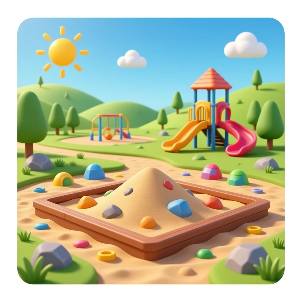 A 3D Pixar-style children's sandbox filled with rich brown earth, toy ...