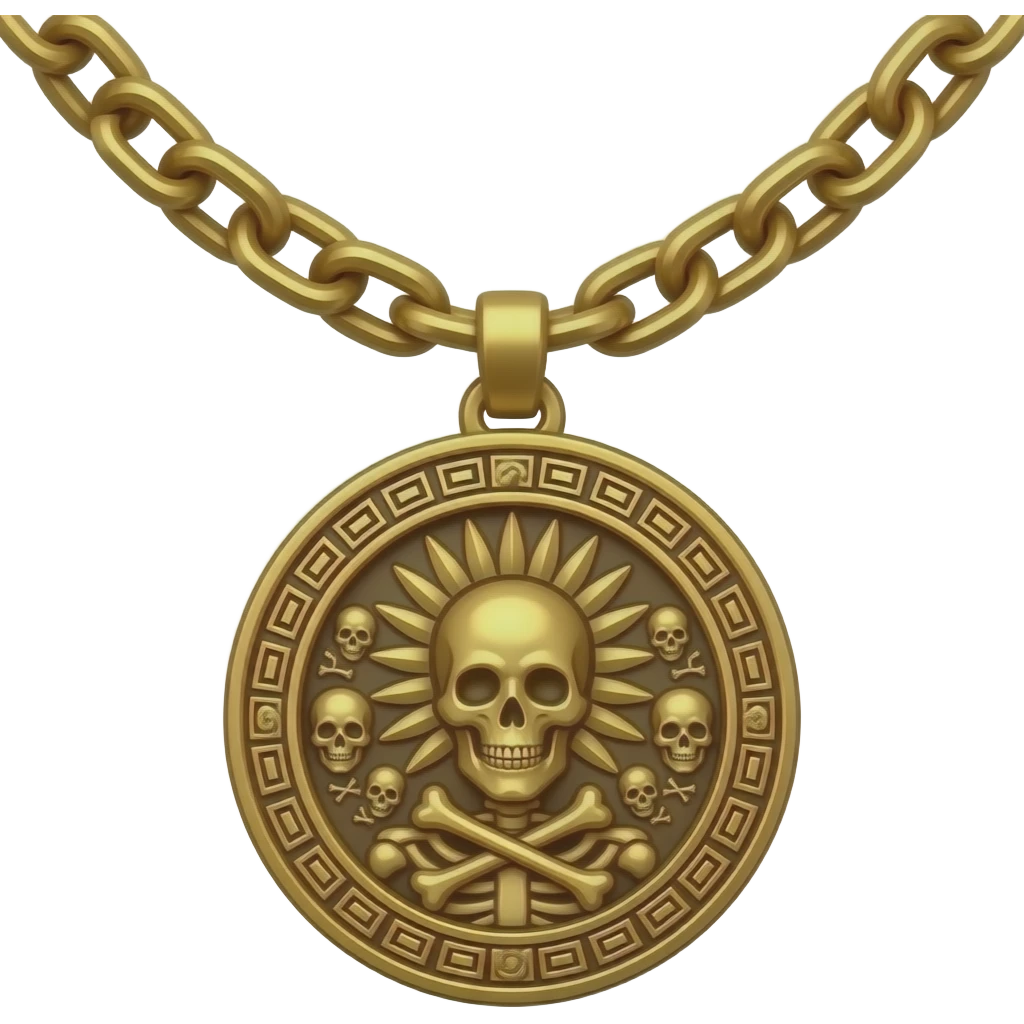 striking ceremonial necklace featuring a heavy polished gold chain supporting a large circular medallion intricately sculpted in high relief with a skeletal deity, radiating sunburst rays, scattered skulls, crossed bones, and ornate geometric Aztec motifs emoji