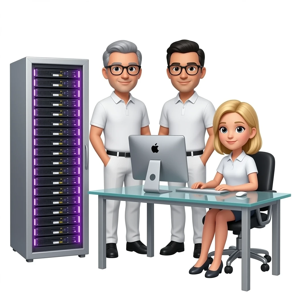 In the background is a silver server cabinet with purple backlighting, in the foreground is a glass table and an imac computer, two men are standing, gray hair, black glasses, black hair, gray glasses, dressed in white pants and a polo shirt, a blonde girl is sitting at the table, emoji