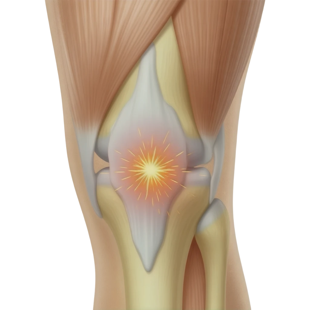 bent knee, ligments and kneecap, showing range of motion with sparks that show pain emoji