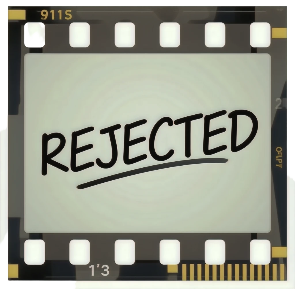 A 6x6 medium format film frame with a badly exposed photo (overexposed or underexposed), and “REJECTED” written across it in black Sharpie handwriting style. The frame should look authentic, with visible film borders, edge markings, and a slightly worn analogue texture. emoji