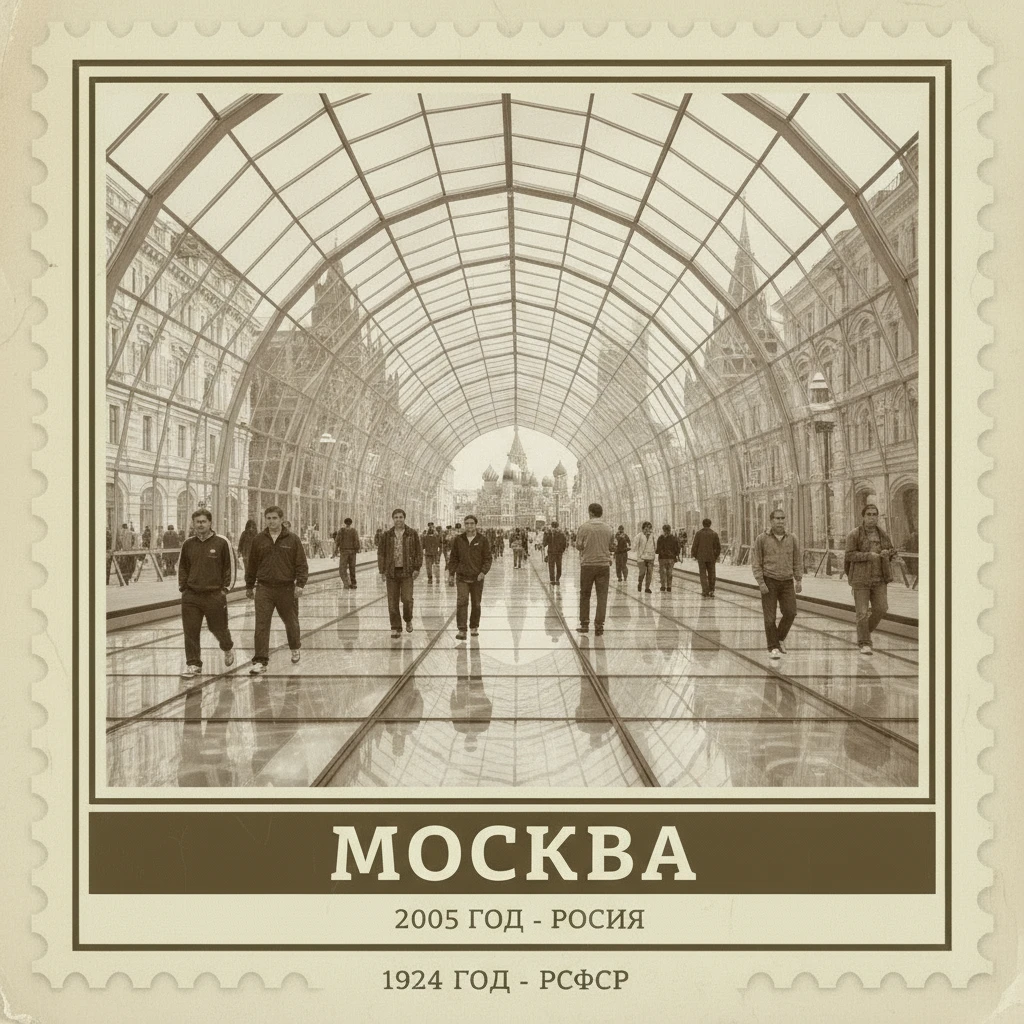 Полностью стеклянная улица в Москве (сверху также накрыта стеклянными арками), по которой гуляют люди, машин нет. 2005 год.

Стиль - фотореализм.

Стилизуй под марку с фото emoji