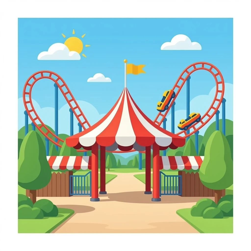 a theme park entrance with roller coasters in background, emoji emoji