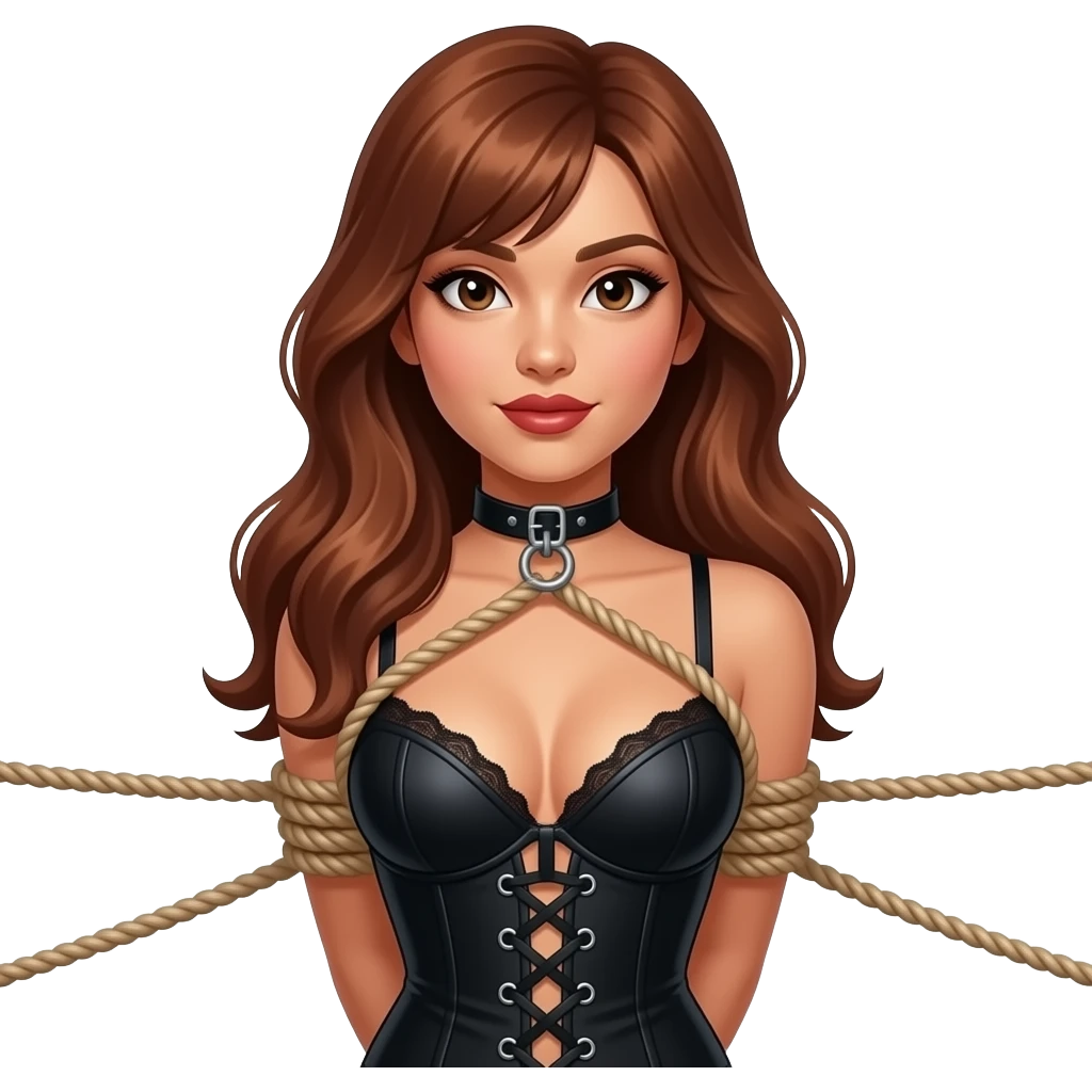 gorgeous woman, light tan skin, long auburn hair, side bangs, black eyes, lipstick, model, latina, asian, mixed, fullbody corselet lingerie, leashed on neck, harness, rope hogtied emoji