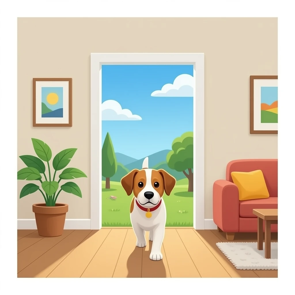 The dog walks into the bright living room. emoji