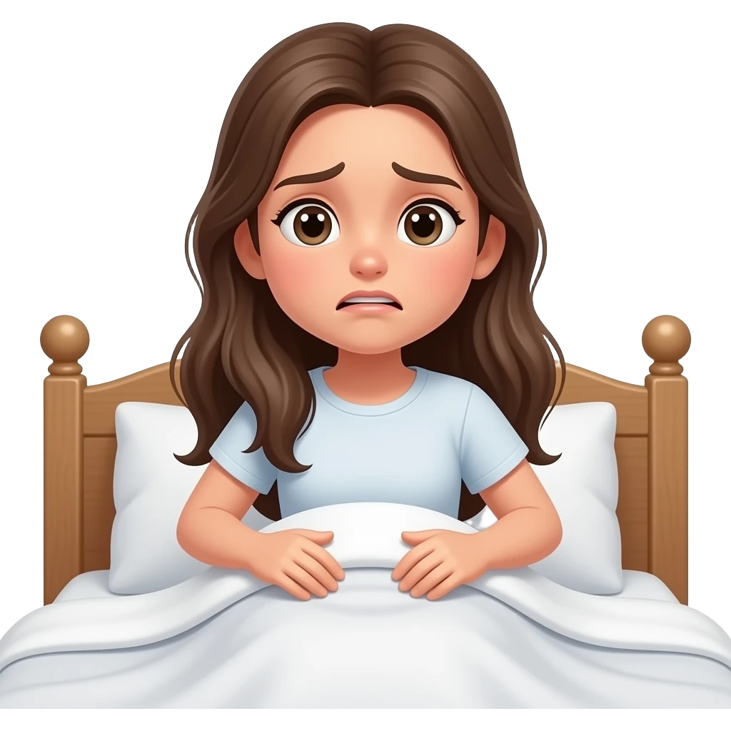 teen girl long hair, getting up her bed worried emoji