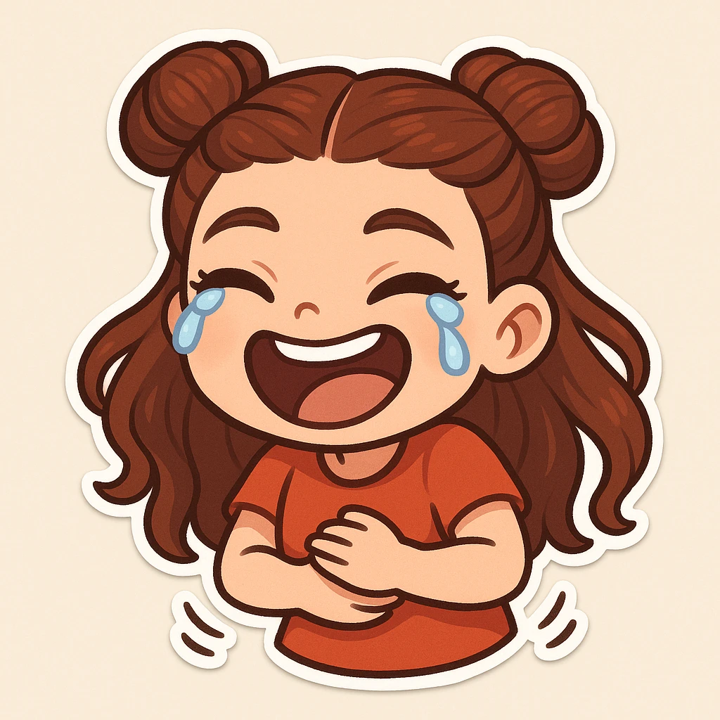 Create a chibi sticker of the girl from the reference image. She is laughing hard, holding her stomach, tears of laughter, joyful and lively, with her signature double bun hairstyle. emoji