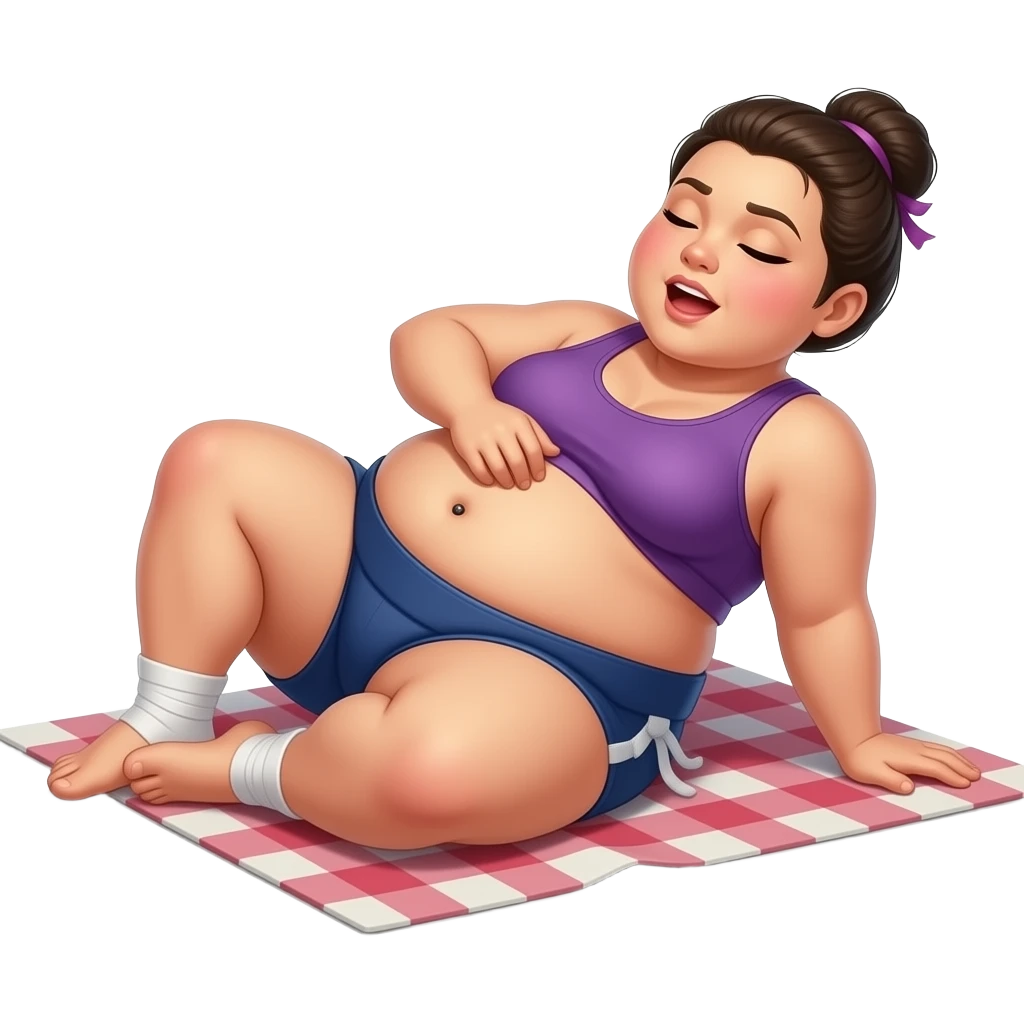 A female Buddha sumo wrestler,relaxing & resting on a picnic blanket,leaning back rubbing her full stomach,her cute Bellybutton goes on display,her waistline is ballooning,her tummy is obese and overstuffed,A compliment by a content burp. emoji
