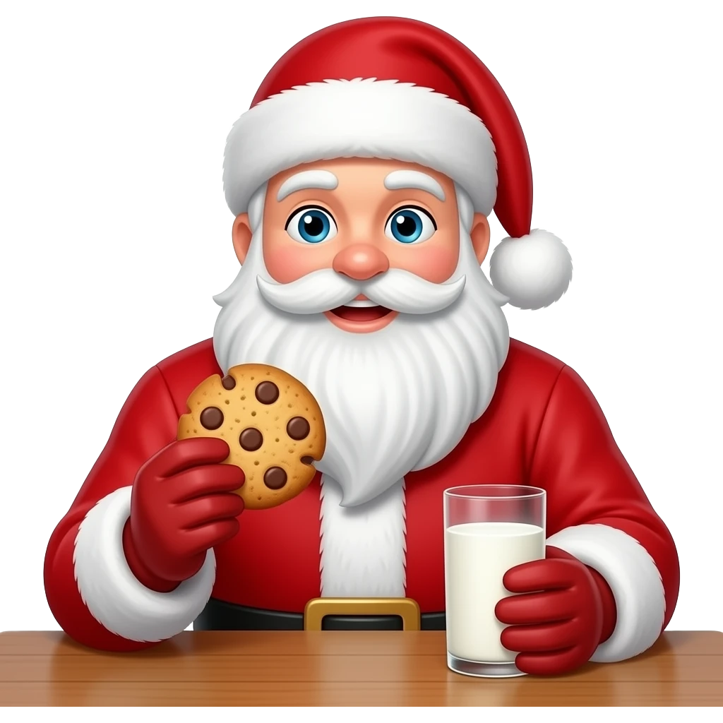 Santa eating a chocolate chip cookie with milk emoji