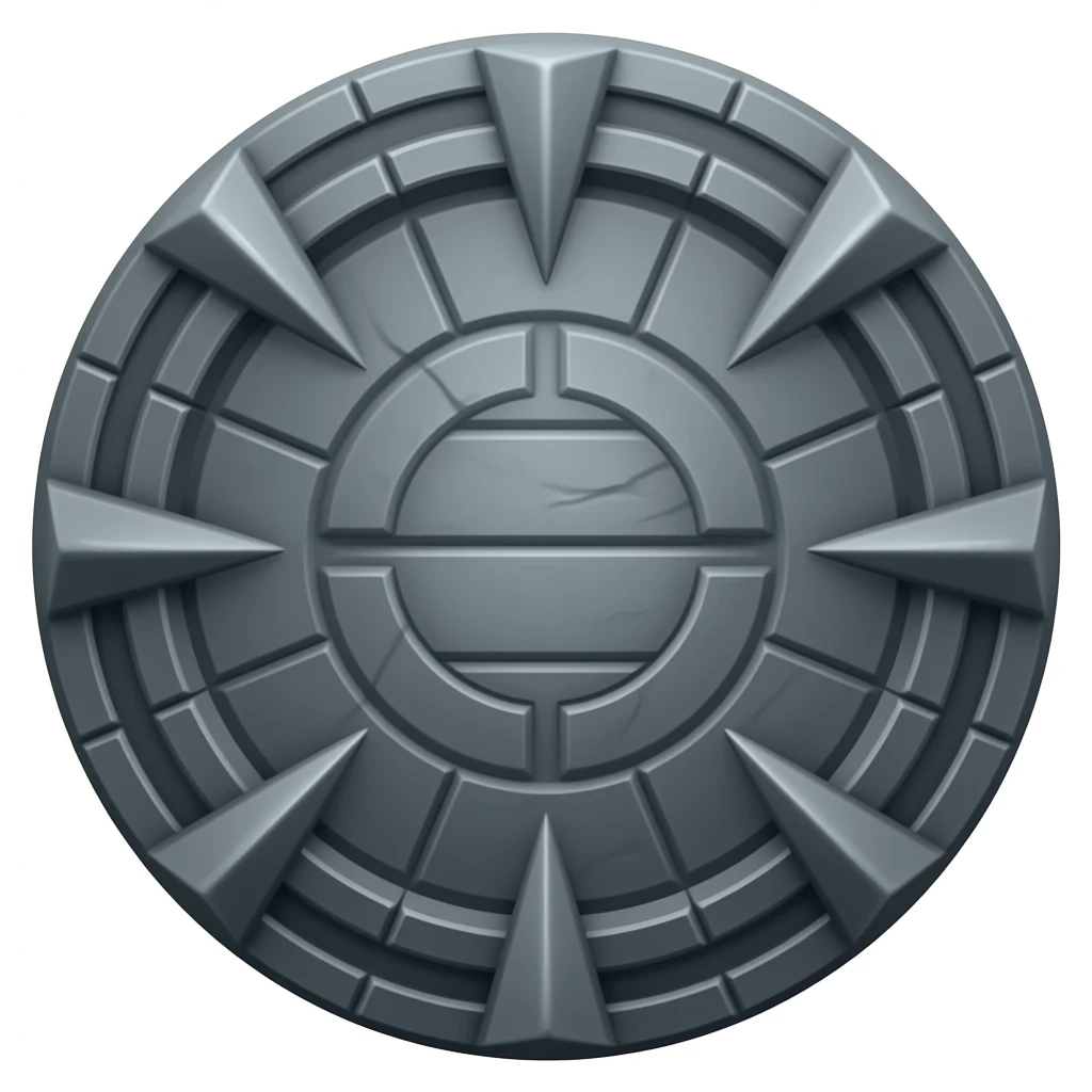 An ancient stargate made of dark gray metal with Nine chevrons equally spaced around the rim, emoji