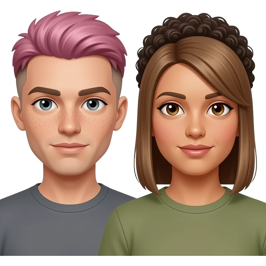 three people: short nonbinary person with short pink hair, brown eyebrows, and a brown undercut with pale skin, gray eyes and freckles, a tall olive-skinned man with dark brown eyes + very short curly hair, and a medium height woman with light tan skin, light brown straight long hair, and brown eyes emoji