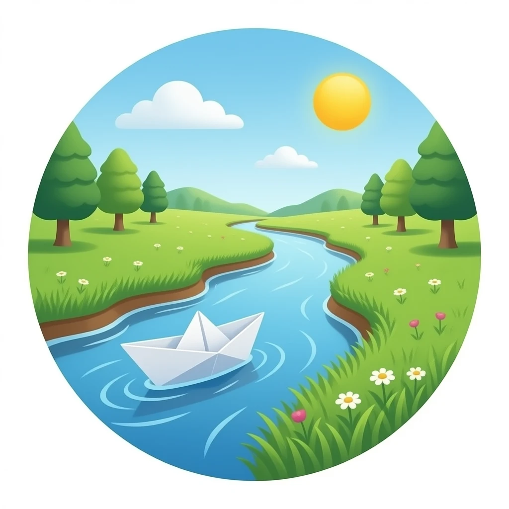 овальний берег річки , трава, паперовий кораблик пливе по струмку emoji