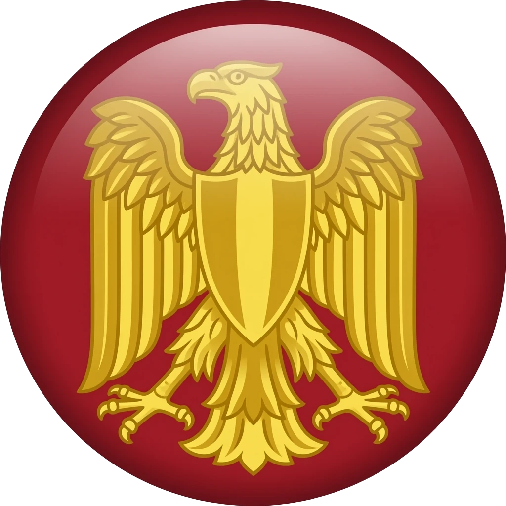 Emoji-style Syriac flag: dark red background with a centered golden Assyrian eagle symbol, wings fully spread, symmetrical design, flat colors, simple official emoji style, no realism or shading. emoji