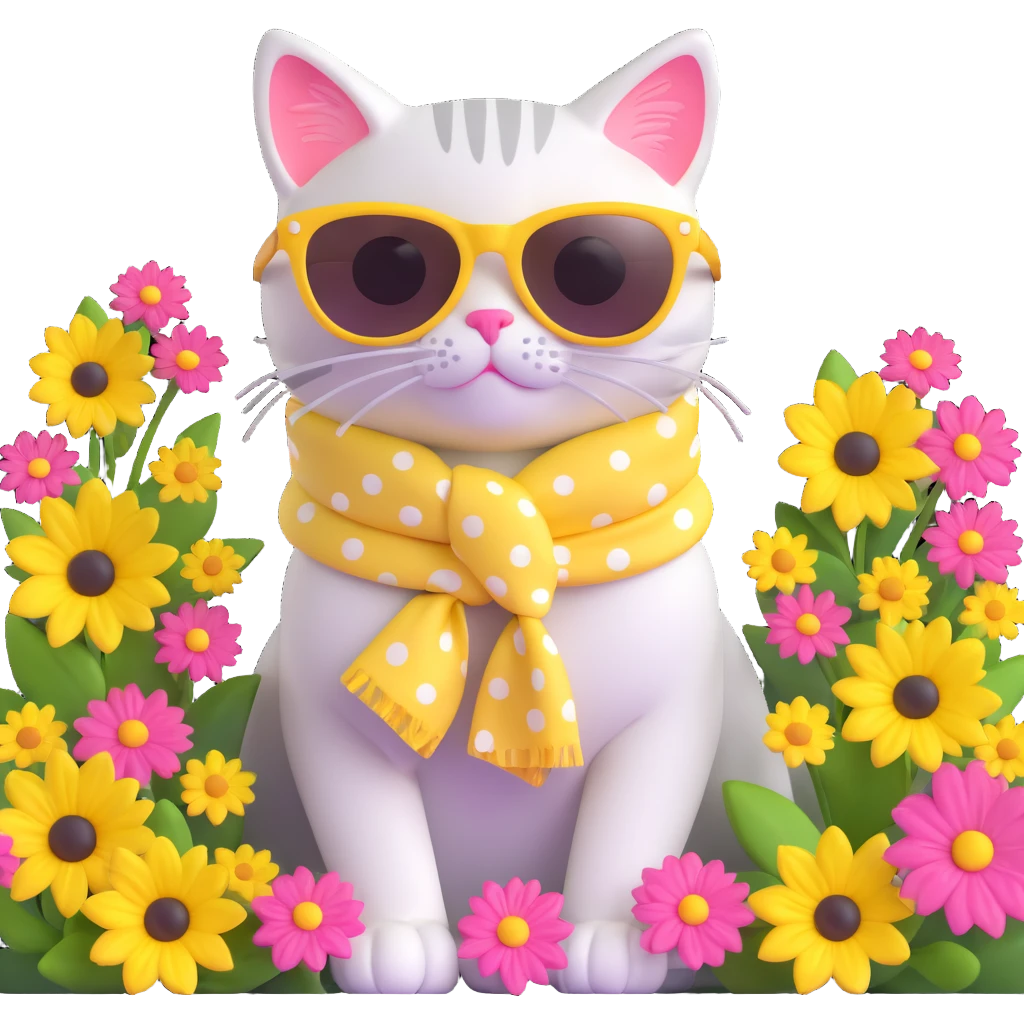Cute cat with big yellow sunglasses and a pink polka dot scarf, sitting among flowers, shiny and glossy, on a white background in 3D iOS emoji style. emoji