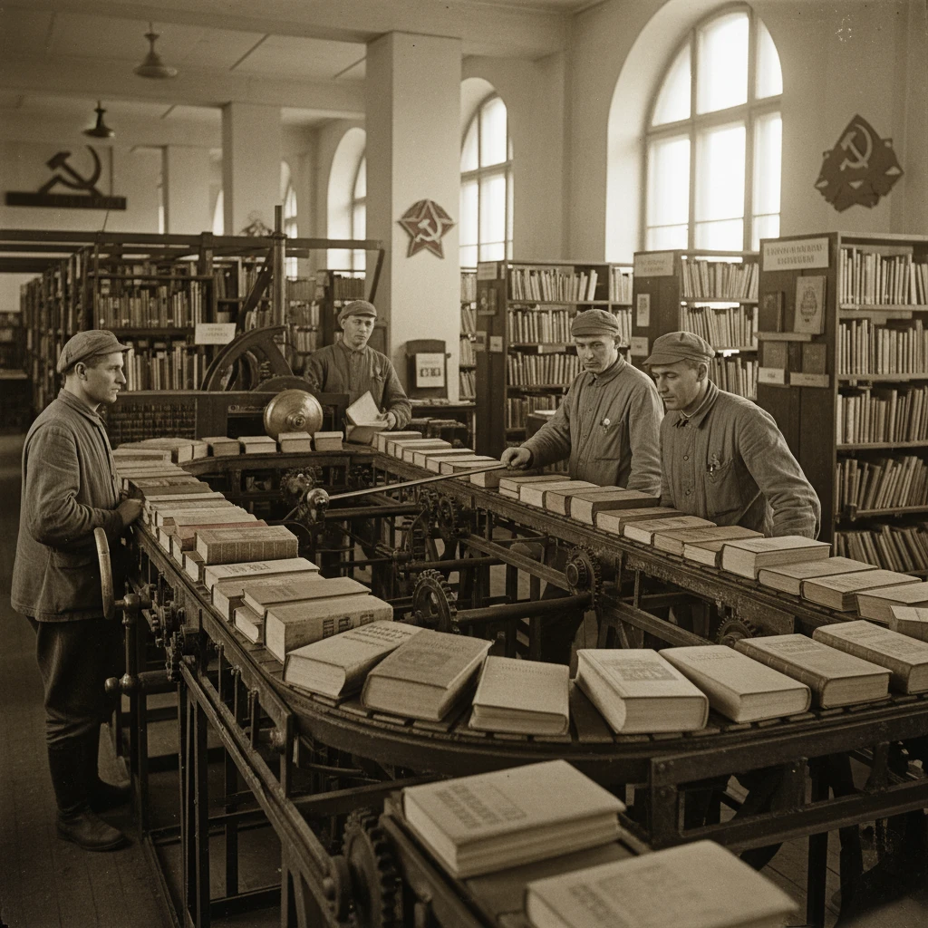 Книги едут по специальной механизированной ленте в библиотеке СССР 1920-е годы

Стиль - архивные цветные фотодокументы emoji